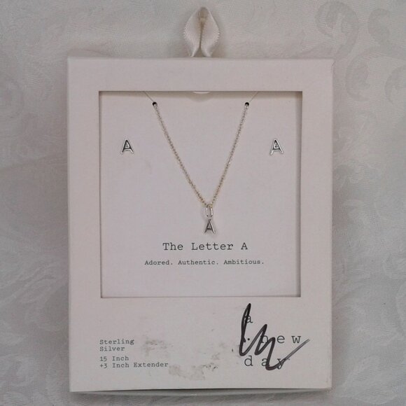 A new day Necklace and Earrings letter "A" Gift Boxed Set Sterling Silver NEW - Picture 1 of 5